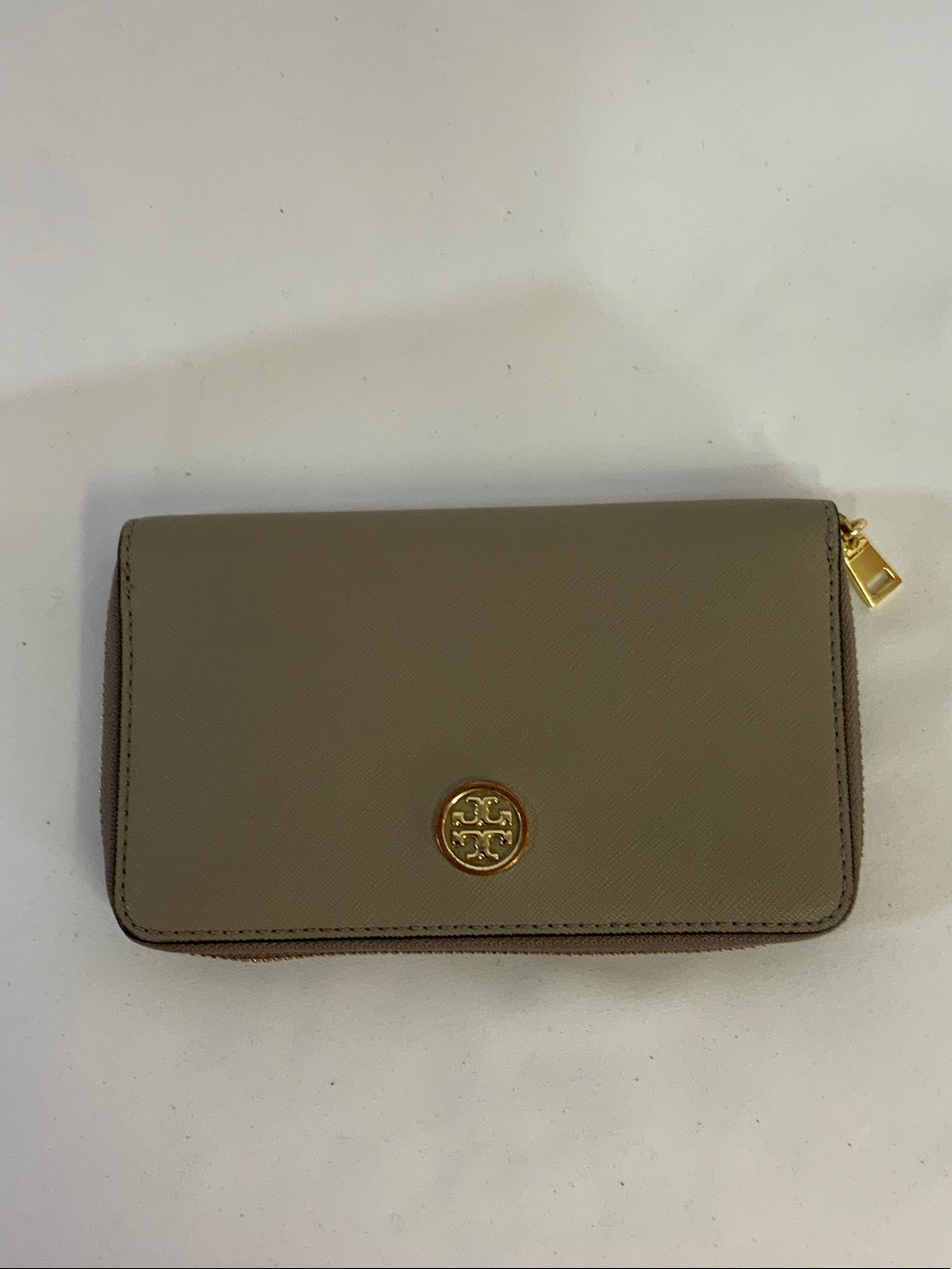 Tory Burch Taupe Leather Zip Card Case with Gold Logo